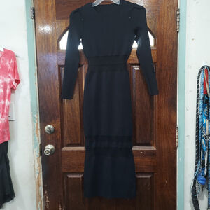 Self-Portrait Midi Pencil Dress 4-Sheer Bands Long Sleeves Black Designer Classy